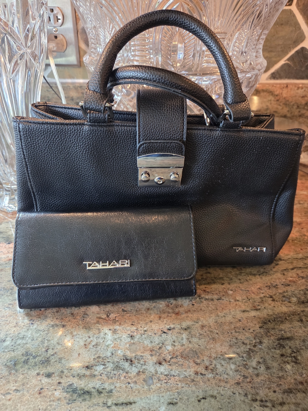 Tahari Black Satchel with Matching Wallet